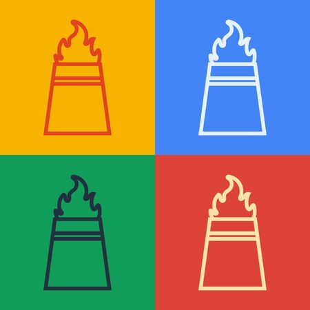Pop art line Oil rig with fire icon isolated on color background. Fire accident. Gas tower. Industrial object. Vector Illustrationのイラスト素材