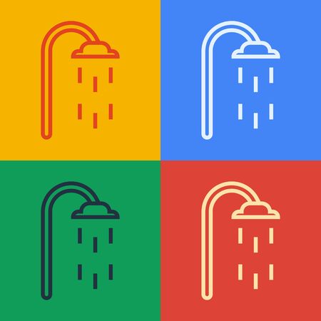 Pop art line Shower head with water drops flowing icon isolated on color background. Vector Illustrationのイラスト素材