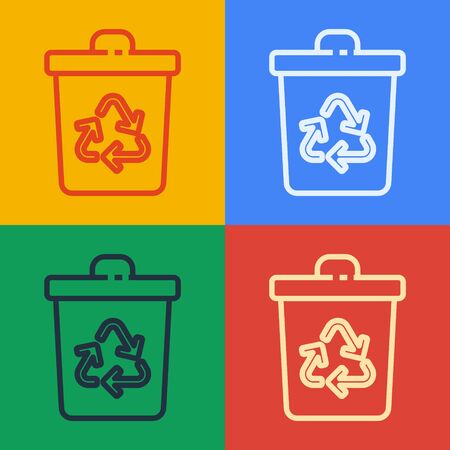 Pop art line Recycle bin with recycle symbol icon isolated on color background. Trash can icon. Garbage bin sign. Recycle basket sign. Vector Illustrationのイラスト素材