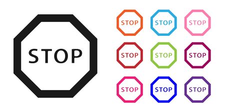 Black Stop sign icon isolated on white background. Traffic regulatory warning stop symbol. Set icons colorful. Vector Illustrationのイラスト素材