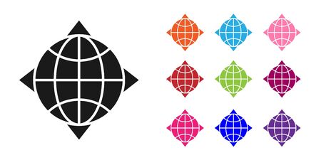 Black World globe with compass icon isolated on white background. Set icons colorful. Vector Illustrationのイラスト素材