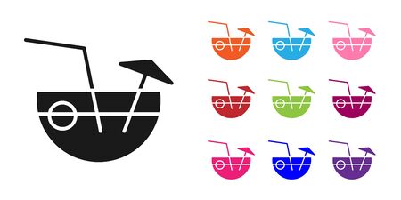 Black Coconut juice exotic fresh cocktail and umbrella icon isolated on white background. Set icons colorful. Vector Illustrationのイラスト素材
