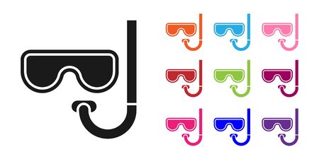 Black Diving mask and snorkel icon isolated on white background. Extreme sport. Diving underwater equipment. Set icons colorful. Vector Illustrationのイラスト素材