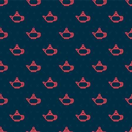 Red line Traditional Chinese tea ceremony icon isolated seamless pattern on black background. Teapot with cup. Vector Illustrationのイラスト素材