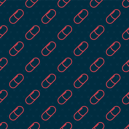 Red line Medicine pill or tablet icon isolated seamless pattern on black background. Capsule pill...