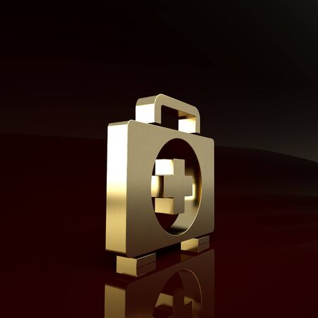 Gold First aid kit icon isolated on brown background. Medical box with cross. Medical equipment for emergency. Healthcare concept. Minimalism concept. 3d illustration 3D renderの写真素材