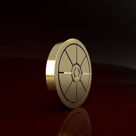 Gold Old wooden wheel icon isolated on brown background. Minimalism concept. 3d illustration 3D renderの写真素材