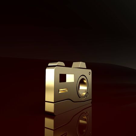 Gold Photo camera icon isolated on brown background. Foto camera icon. Minimalism concept. 3d illustration 3D renderの写真素材
