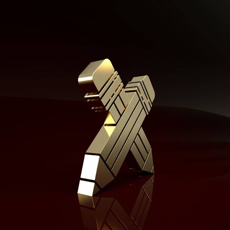 Gold Crossed pencil with eraser icon isolated on brown background. Drawing and educational tools. School office symbol. Minimalism concept. 3d illustration 3D renderの写真素材