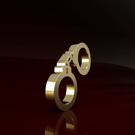 Gold Handcuffs icon isolated on brown background. Minimalism concept. 3d illustration 3D renderの写真素材