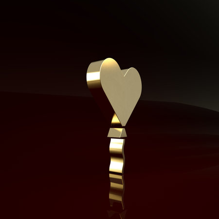 Gold Balloon in form of heart with ribbon icon isolated on brown background. Valentines day. Minimalism concept. 3d illustration 3D renderの写真素材