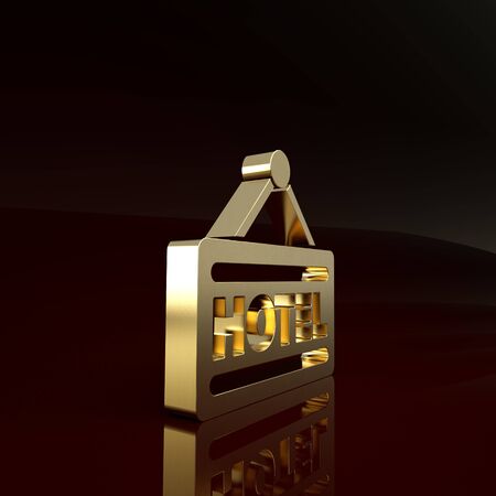 Gold Signboard outdoor advertising with text Hotel icon isolated on brown background. Minimalism concept. 3d illustration 3D renderの写真素材
