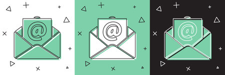 Set Mail and e-mail icon isolated on white and green, black background. Envelope symbol e-mail....