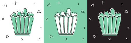 Set Popcorn in cardboard box icon isolated on white and green, black background. Popcorn bucket box.  Vector Illustrationのイラスト素材