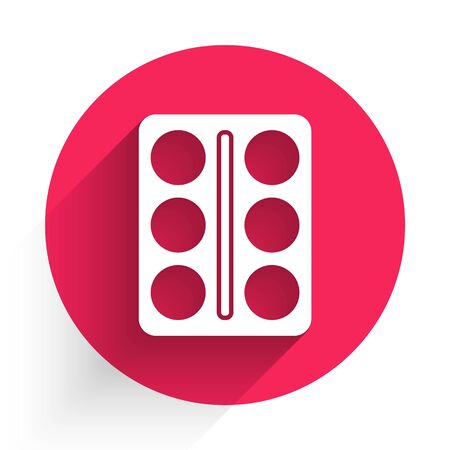 White Eye shadow palette with brush icon isolated with long shadow. Red circle button. Vector Illustrationのイラスト素材
