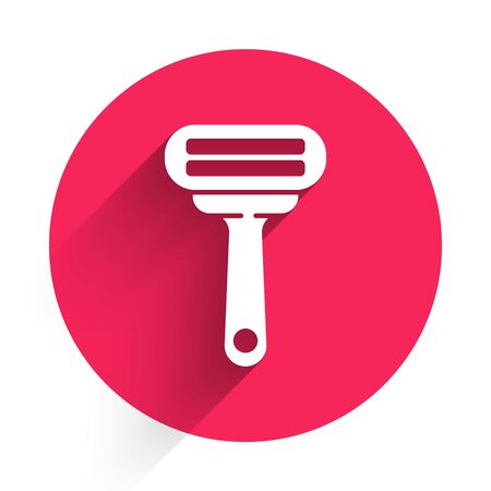 White Shaving razor icon isolated with long shadow. Red circle button. Vector Illustrationのイラスト素材