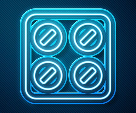 Glowing neon line Pills in blister pack icon isolated on blue background. Medical drug package for tablet, vitamin, antibiotic, aspirin. Vector Illustrationのイラスト素材