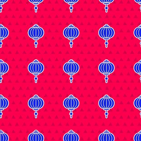 Blue Chinese paper lantern icon isolated seamless pattern on red background. Vector Illustrationのイラスト素材