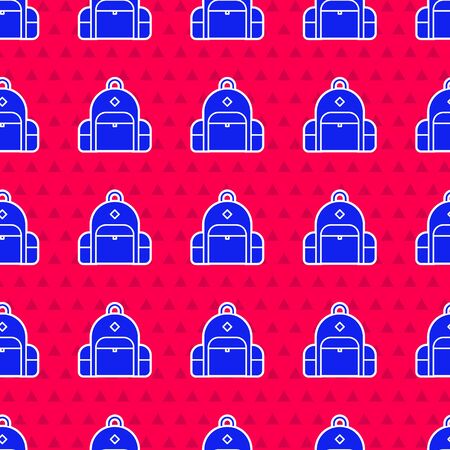 Blue Hiking backpack icon isolated seamless pattern on red background. Camping and mountain exploring backpack. Vector Illustrationのイラスト素材