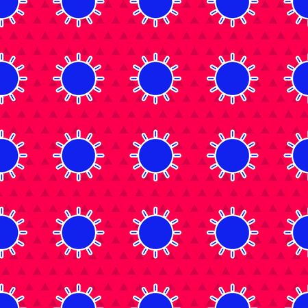 Blue Sun icon isolated seamless pattern on red background. Summer symbol. Good sunny day. Vector Illustrationのイラスト素材
