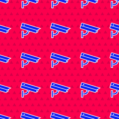 Blue Security camera icon isolated seamless pattern on red background. Vector Illustration