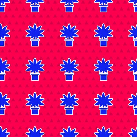 Blue Medical marijuana or cannabis plant in pot icon isolated seamless pattern on red background. Marijuana growing concept. Hemp potted plant. Vector Illustrationのイラスト素材
