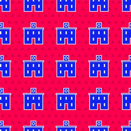 Blue Medical hospital building with cross icon isolated seamless pattern on red background. Medical center. Health care. Vector Illustrationのイラスト素材