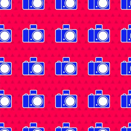 Blue Photo camera icon isolated seamless pattern on red background. Foto camera icon. Vector Illustrationのイラスト素材