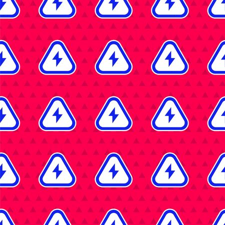 Blue High voltage icon isolated seamless pattern on red background. Danger symbol. Arrow in triangle. Warning icon. Vector Illustrationのイラスト素材