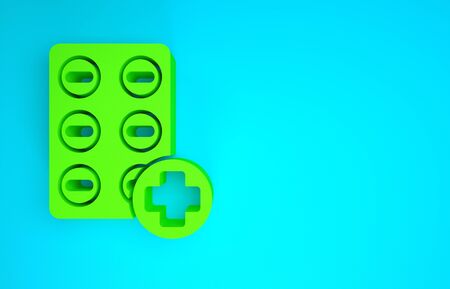 Green Pills in blister pack icon isolated on blue background. Medical drug package for tablet, vitamin, antibiotic, aspirin. Minimalism concept. 3d illustration 3D renderの写真素材