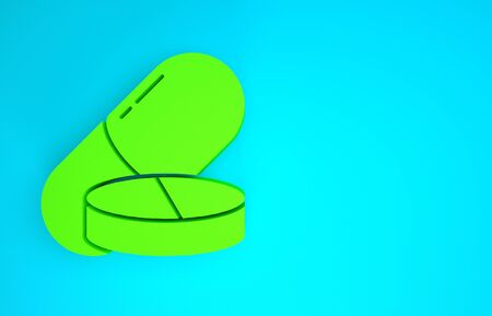Green Medicine pill or tablet icon isolated on blue background. Capsule pill and drug sign. Pharmacy design. Minimalism concept. 3d illustration 3D renderの写真素材