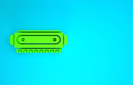 Green Harmonica icon isolated on blue background. Musical instrument. Minimalism concept. 3d illustration 3D renderの写真素材