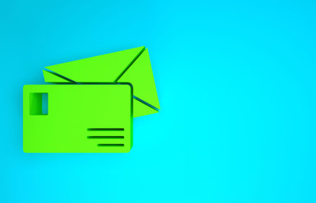 Green Envelope icon isolated on blue background. Email message letter symbol. Minimalism concept. 3d...