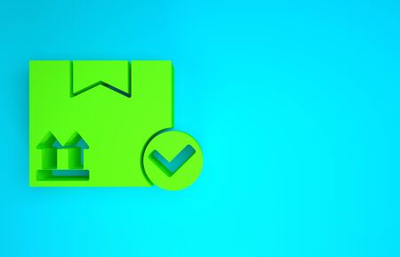 Green Package box with check mark icon isolated on blue background. Parcel box. Approved delivery or successful package receipt. Minimalism concept. 3d illustration 3D renderの写真素材