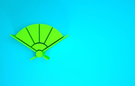 Green Traditional paper chinese or japanese folding fan icon isolated on blue background. Minimalism concept. 3d illustration 3D renderの写真素材