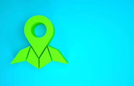 Green Placeholder on map paper in perspective icon isolated on blue background. Minimalism concept. 3d illustration 3D renderの写真素材