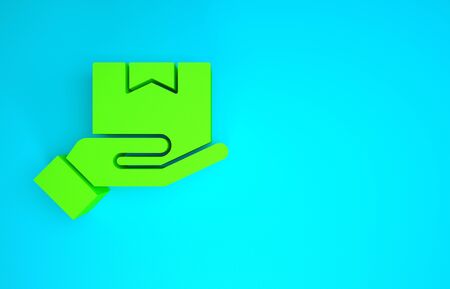 Green Delivery hand with cardboard boxes icon isolated on blue background. Door to door delivery by courier. Minimalism concept. 3d illustration 3D renderの写真素材