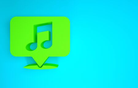 Green Musical note in speech bubble icon isolated on blue background. Music and sound concept. Minimalism concept. 3d illustration 3D renderの写真素材