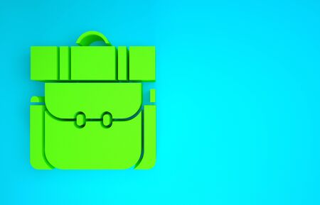 Green Hiking backpack icon isolated on blue background. Camping and mountain exploring backpack. Minimalism concept. 3d illustration 3D renderの写真素材