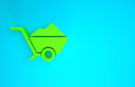 Green Wheelbarrow with dirt icon isolated on blue background. Tool equipment. Agriculture cart wheel farm. Minimalism concept. 3d illustration 3D renderの写真素材