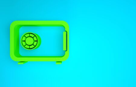 Green Safe icon isolated on blue background. The door safe a bank vault with a combination lock. Reliable Data Protection. Minimalism concept. 3d illustration 3D renderの写真素材