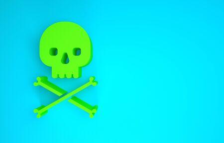 Green Skull on crossbones icon isolated on blue background. Minimalism concept. 3d illustration 3D renderの写真素材
