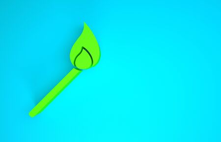 Green Burning match with fire icon isolated on blue background. Match with fire. Matches sign. Minimalism concept. 3d illustration 3D renderの写真素材