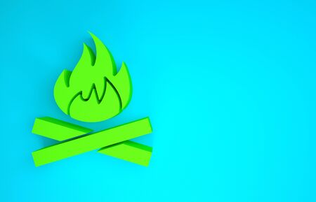 Green Campfire icon isolated on blue background. Burning bonfire with wood. Minimalism concept. 3d illustration 3D renderの写真素材