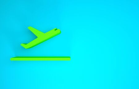 Green Plane takeoff icon isolated on blue background. Airplane transport symbol. Minimalism concept. 3d illustration 3D renderの写真素材
