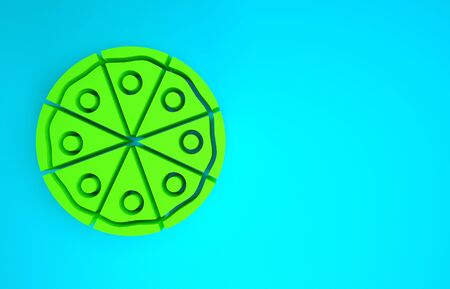 Green Pizza icon isolated on blue background. Fast food menu. Minimalism concept. 3d illustration 3D renderの写真素材