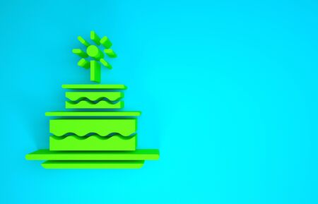 Green Cake with burning candles icon isolated on blue background. Happy Birthday. Minimalism concept. 3d illustration 3D renderの写真素材