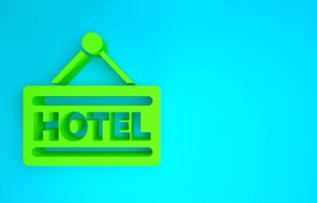 Green Signboard outdoor advertising with text Hotel icon isolated on blue background. Minimalism concept. 3d illustration 3D renderの写真素材