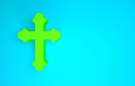 Green Christian cross icon isolated on blue background. Church cross. Minimalism concept. 3d illustration 3D renderの写真素材