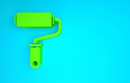 Green Paint roller brush icon isolated on blue background. Minimalism concept. 3d illustration 3D renderの写真素材